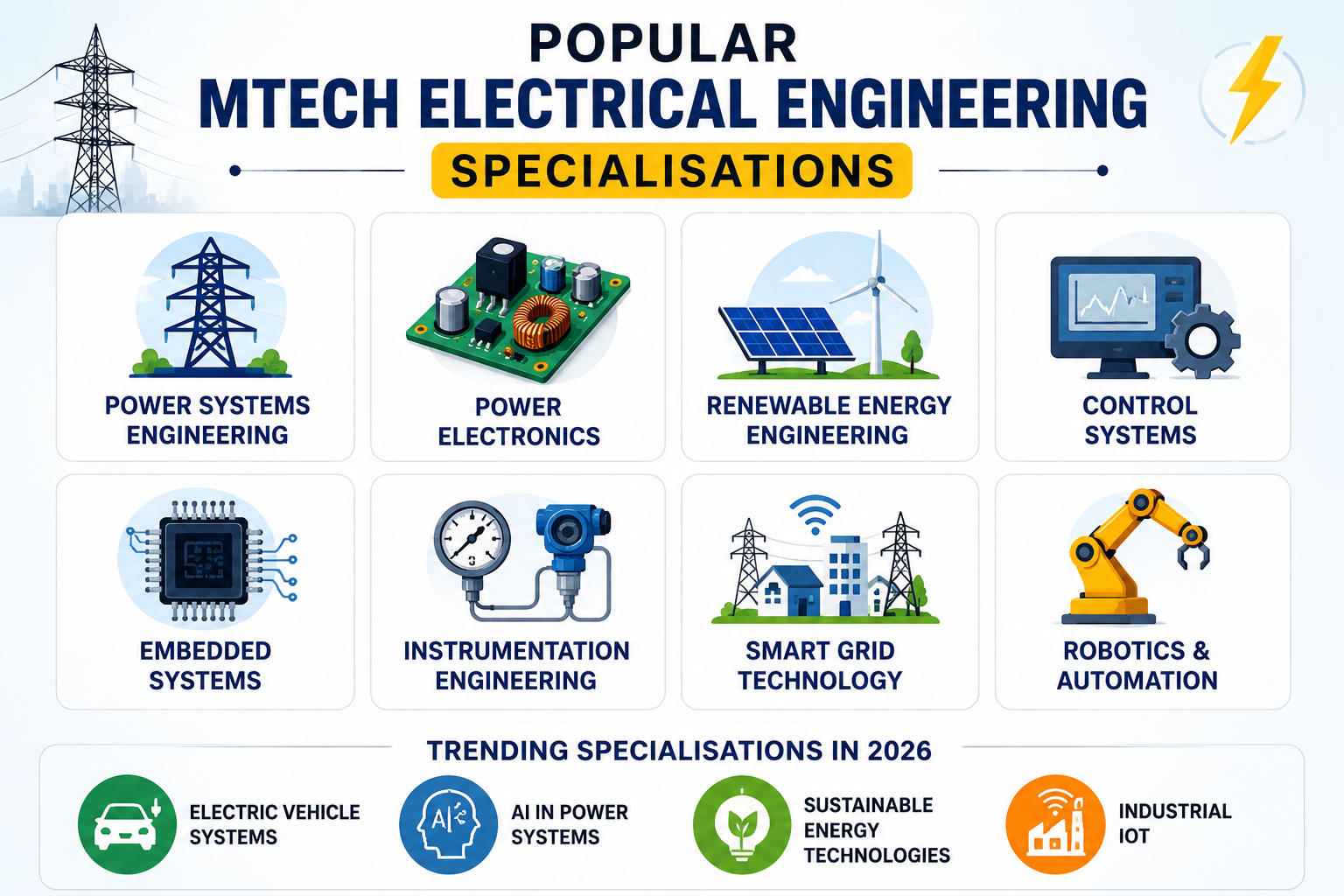 Infographic showing popular MTech Electrical Engineering specialisations for 2026, including EV Systems, Renewable Energy, and Robotics.