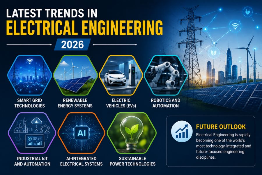 Latest Trends in Electrical Engineering 2026 Infographic - Smart Grids, EVs, and AI Integration.