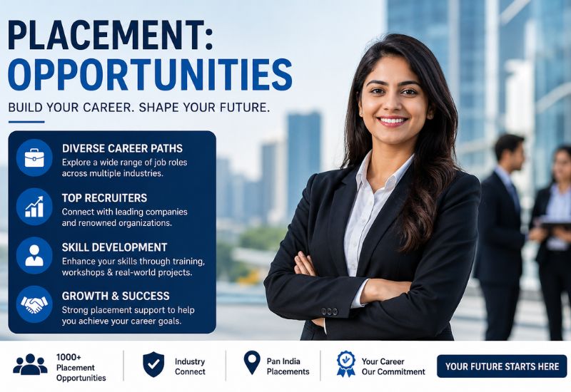Professional placement opportunities banner featuring a confident businesswoman in formal attire, corporate city background, and infographic sections highlighting diverse career paths, top recruiters, skill development, and growth opportunities for students and professionals.
