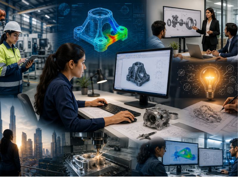 "A collage showcasing mechanical and product engineering. It features engineers working on CAD design software, analyzing a 3D component heat-map, a woman presenting technical blueprints in a meeting, CNC machining, manual sketching with an idea bulb icon, and a city skyline background."