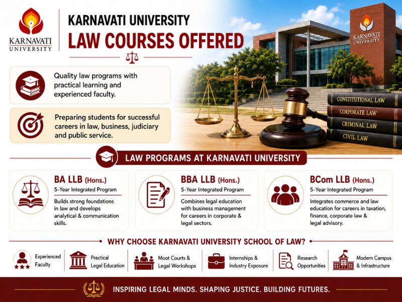 Karnavati University Law Programs promotional banner highlighting BA LLB (Hons.), BBA LLB (Hons.), and LLM courses, along with fee structures, key features like Moot Court training, and career options.