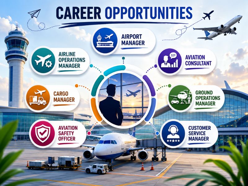 Career Opportunities in Aviation Management infographic featuring Airport Manager, Airline Operations Manager, Aviation Consultant, Cargo Manager, Ground Operations Manager, Aviation Safety Officer, and Customer Service Manager with modern airport and aircraft visuals.