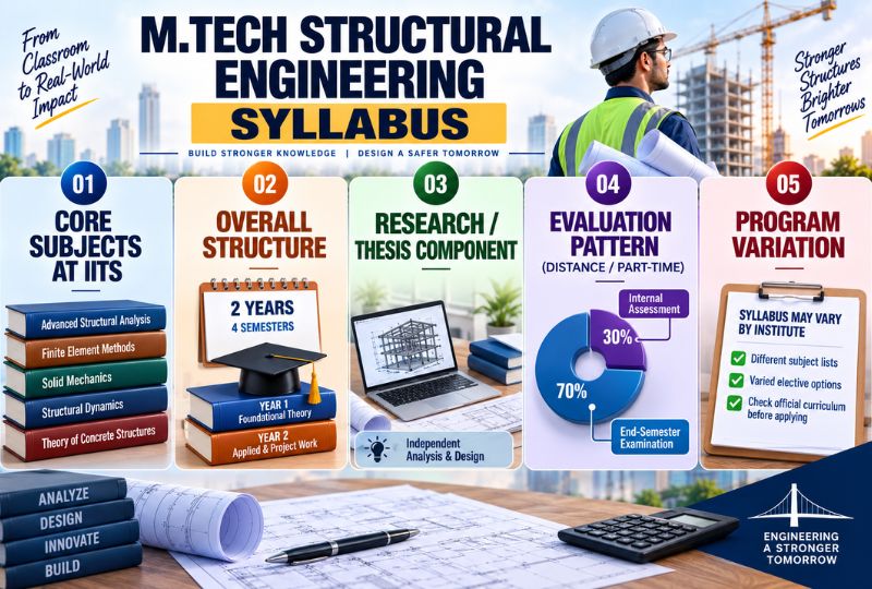 M.Tech Structural Engineering Syllabus Core subjects at IITs — Advanced Structural Analysis, Finite Element Methods in Structural Engineering, Solid Mechanics in Structural Engineering, Structural Dynamics, and Theory of Concrete Structures Overall structure — A 2-year program split across four semesters, combining foundational structural theory in the first year with applied, project-based coursework in the second Research/thesis component — Later semesters typically include a significant research project or thesis, especially at IITs and NITs, building toward independent structural analysis or design work. Evaluation pattern (distance/part-time programs) — Roughly 30% internal assessment and 70% end-semester examination, mirroring the structure used in regular full-time programs Program variation notice — Since the syllabus isn't standardised nationally, exact subject lists and elective options can differ meaningfully between institutes — always check the specific college's official curriculum before applying