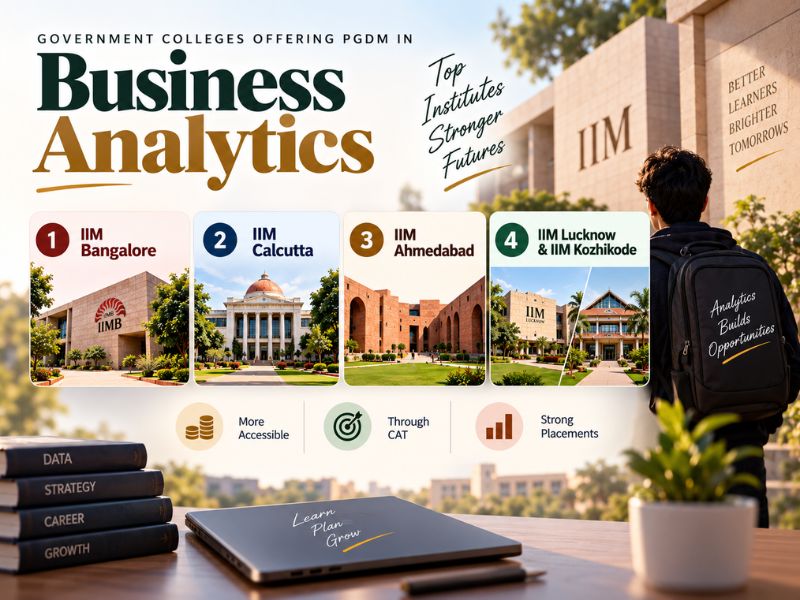 Government Colleges Offering PGDM in Business Analytics IIM Bangalore (PGPBA) — India's most selective dedicated analytics program; Fees: ~₹26 lakh; Average package: ₹34.88 LPA IIM Calcutta (PGDBA) — A dedicated, well-regarded government-backed analytics program; Fees: ~₹25 lakh IIM Ahmedabad — Blended analytics offering within its flagship PGP IIM Lucknow, IIM Kozhikode — PGP programs with strong analytics elective tracks Fee advantage over premium private tier — Even IIM Bangalore's ₹26 lakh sits below ISB Hyderabad's ₹38.67 lakh, making IIMs the relatively more accessible government-backed route into elite-tier analytics education Admission basis — Primarily through CAT, with IIM Bangalore specifically requiring a 99 percentile cutoff — reflecting the extreme competitiveness of this program General positioning — IIM-backed analytics programs deliver the strongest brand recognition and consistently high placement outcomes (₹34.88 LPA at IIM Bangalore) among all government options nationally, though admission remains exceptionally competitive
