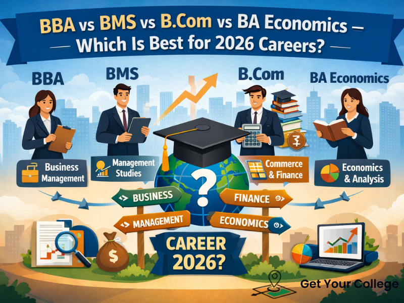 Professional comparison of BBA, BMS, B.Com and BA Economics courses showing business, management, commerce, finance and economics career paths for 2026