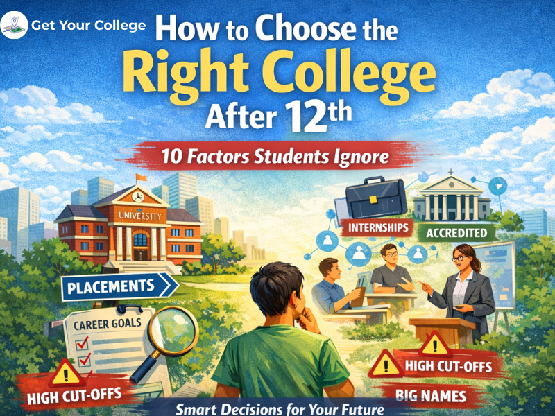 Student evaluating college options after 12th, highlighting placements, internships, accreditation, career goals, and key factors for choosing the right college