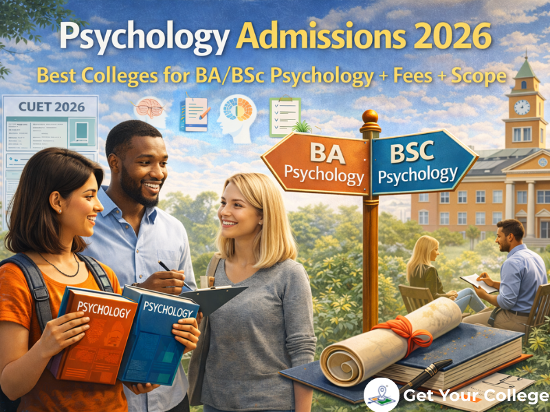 College students discussing psychology course options on campus, representing BA and BSc Psychology admissions and career planning