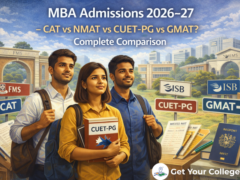 Indian MBA aspirants comparing CAT, NMAT, CUET-PG and GMAT pathways with top business school campuses in the background