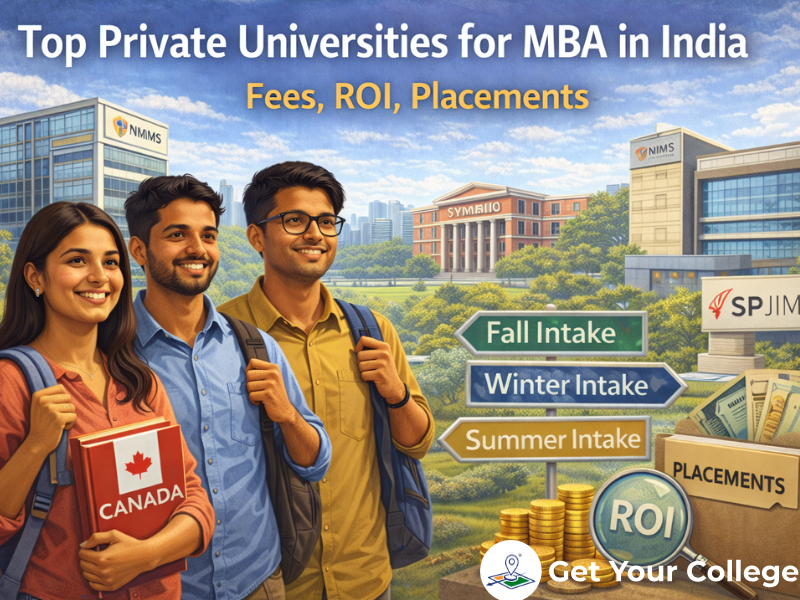 MBA aspirants at a private university campus in India, comparing fees, ROI, and placement opportunities for MBA admissions