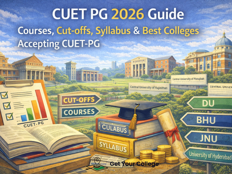CUET PG 2026 exam guide illustration showing courses, syllabus, cut-offs, and top central universities accepting CUET-PG scores