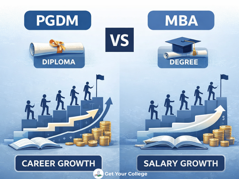 Infographic comparing PGDM and MBA in India, showing diploma vs degree, career growth paths, and salary progression outcomes