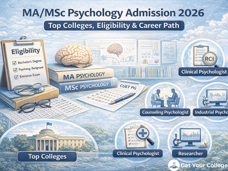 Infographic showing MA and MSc Psychology admission 2026 with eligibility checklist, entrance exams, top colleges, and psychology career paths