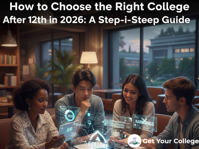 "A diverse group of students, including Indian scholars, researching colleges for 2026 using digital holograms showing ROI, placement data, and university rankings in a modern library setting."