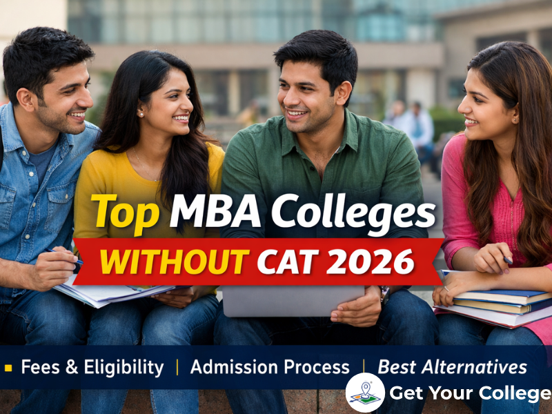 Indian MBA aspirants discussing top MBA colleges without CAT 2026 on a university campus with admission details highlighted.