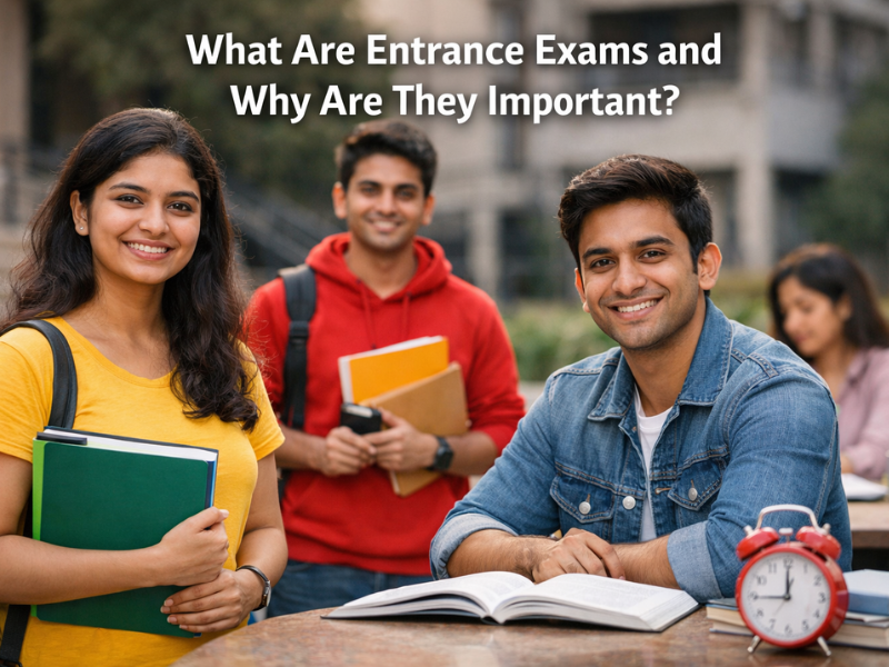 Three Indian college students smiling on campus with books and notebooks, representing preparation for entrance exams and academic success.