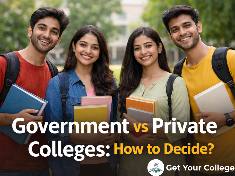 Indian college students comparing government and private colleges in India for admissions, fees, and career planning in 2026.
