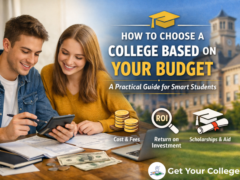 Two students reviewing college fee documents and calculating expenses on a laptop, highlighting budget planning, ROI, and scholarships before choosing a college.