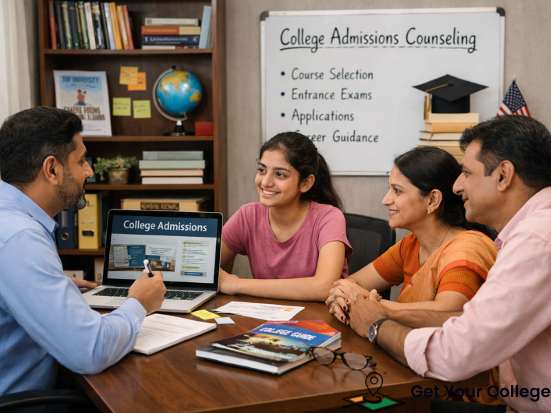 College admission counselor guiding a student and parents on course selection, applications, and career planning in a professional education consultancy office