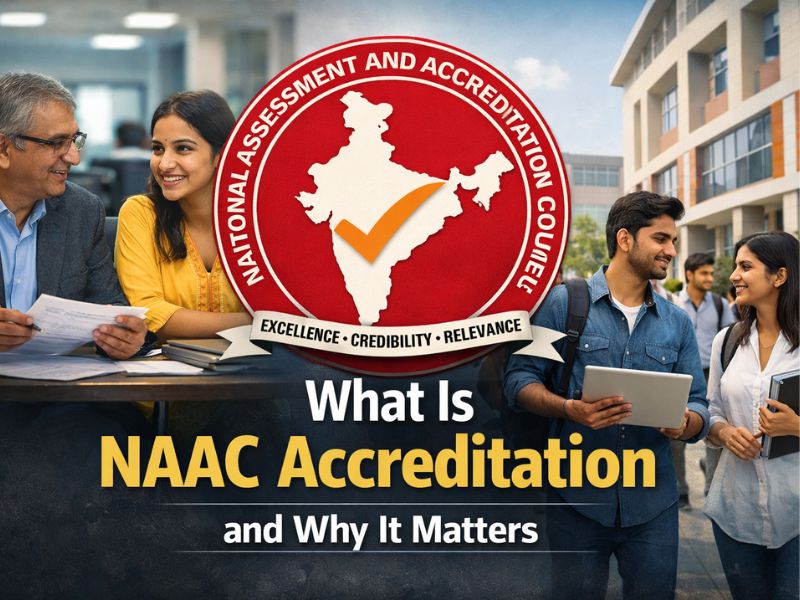 Illustration showing NAAC accreditation concept with students, faculty interaction, and university campus representing academic quality assessment and accredited higher education institutions in India.