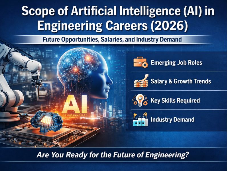 Infographic on the scope of Artificial Intelligence in engineering careers 2026 showing robotics, AI brain visualization, job roles, salary trends, skills, and industry demand.