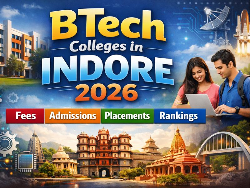 BTech Colleges in Indore 2026 – Guide to fees, admissions, placements, and rankings with students, college campus, and Indore landmarks.”