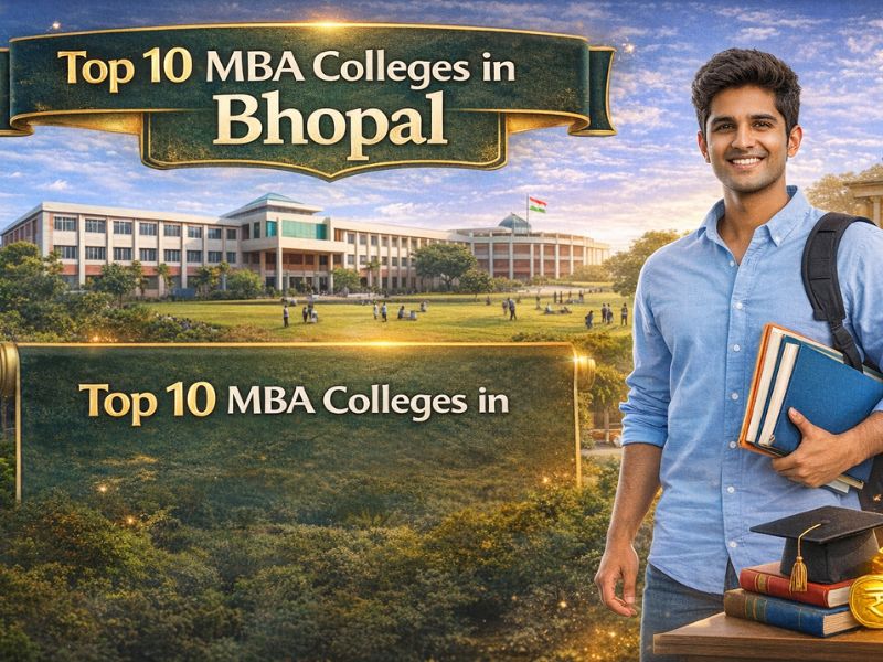 Top 10 MBA colleges in Bhopal banner with realistic university campus background and student holding books representing management education