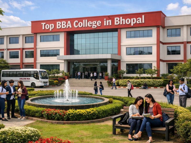 “Modern BBA college campus in Bhopal with a large academic building, landscaped garden, central fountain, and students interacting in a clean and professional environment.”