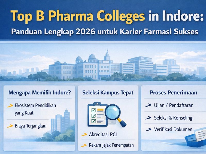 Top B.Pharma Colleges in Indore 2026 infographic featuring IPS Academy, Acropolis Institute, and Medi-Caps University with career and admission details.