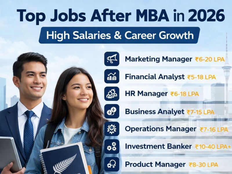 Infographic showing top jobs after MBA with salary ranges, career growth options, and popular roles like marketing, finance, HR, and product management.