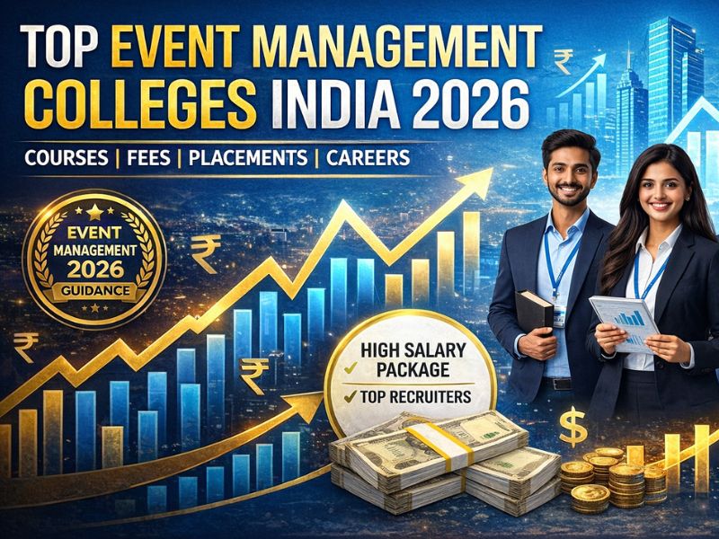 Banner showing top event management colleges in India 2026 with students, career growth graphics, salary highlights, and placement opportunities.