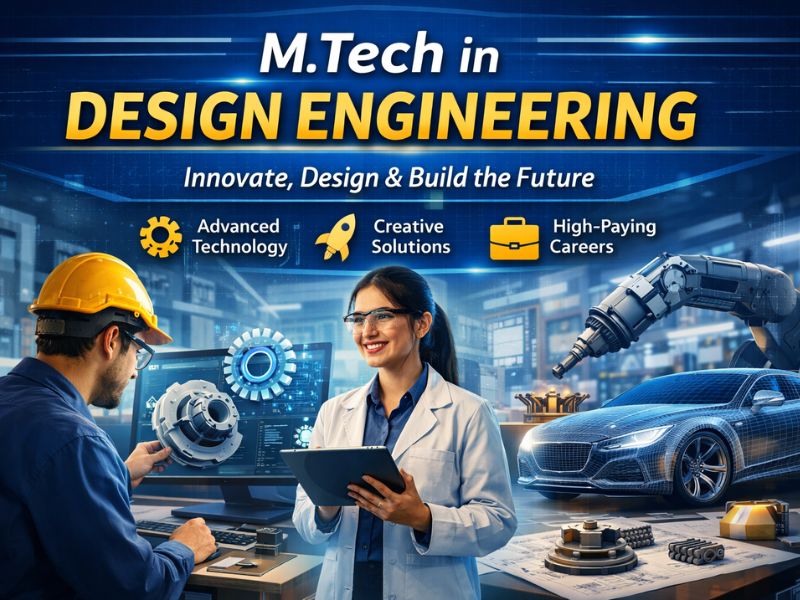 M.Tech in Design Engineering concept showing engineers working on CAD design, robotics, and product development in a modern high-tech engineering lab environment