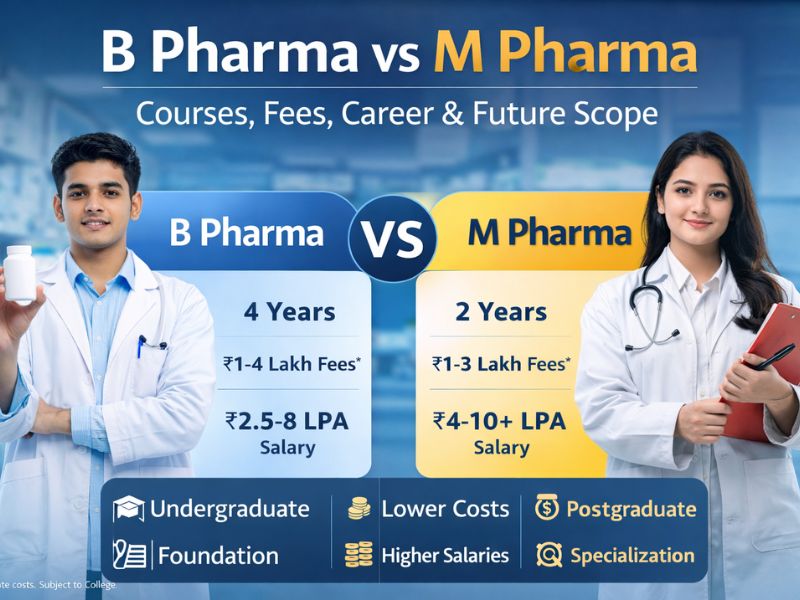 B Pharma vs M Pharma comparison image showing course duration, fees, salary, and career growth for pharmacy students in India
