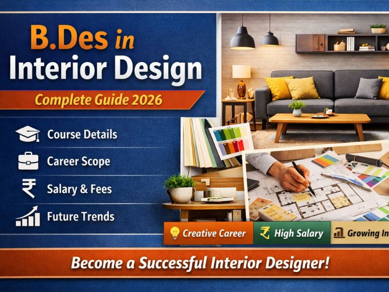 Interior design course infographic with B.Des details, career scope, salary, and future trends 2026
