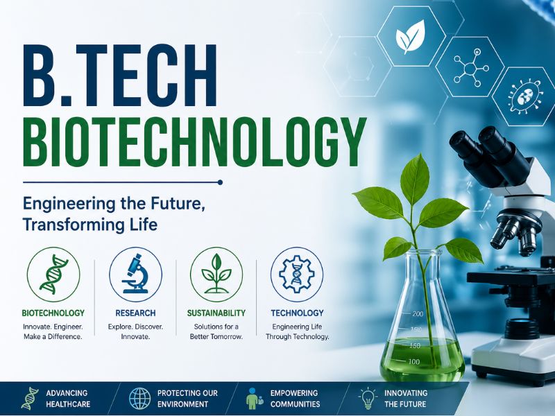 A modern promotional banner for B.Tech Biotechnology featuring a laboratory setup with a microscope, DNA helix structure, and green plant samples in glass flasks. The design highlights themes of research, sustainability, and technology with a clean blue and green color scheme, symbolizing innovation and life sciences.