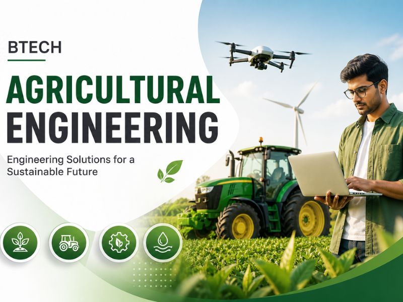 Banner for B.Tech Agricultural Engineering featuring a young engineer using a laptop in a farm field with a drone and wind turbine, highlighting sustainable engineering solutions.