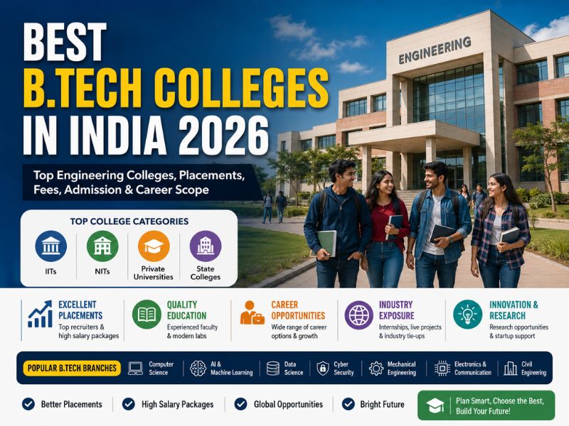 Best BTech Colleges in India 2026 banner showcasing top engineering college categories, branches like Computer Science and AI, placements, and campus life.