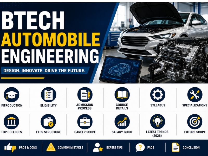 BTech Automobile Engineering blog banner showing an automotive engine, a car, and educational icons.