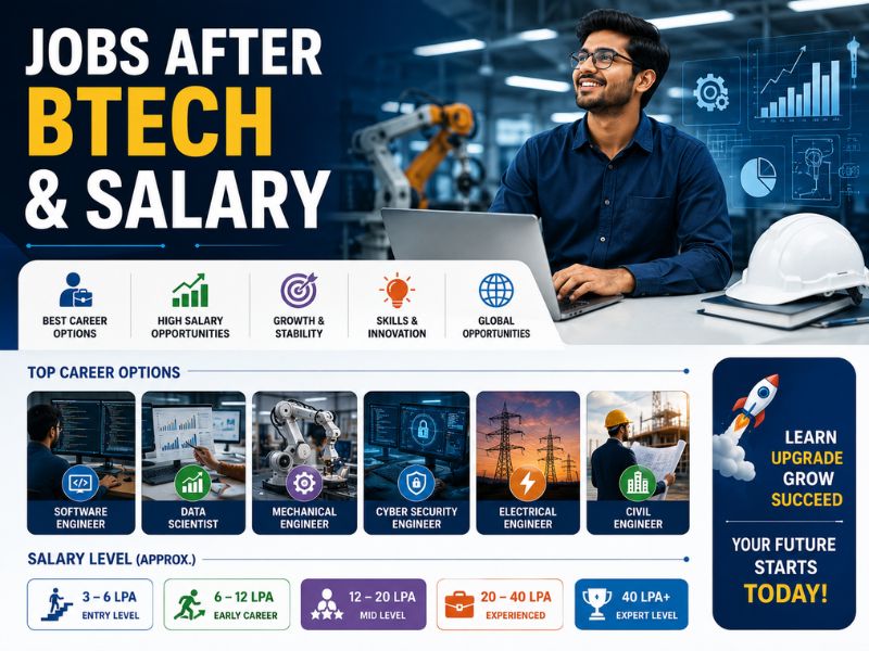 Jobs after BTech and salary packages infographic showing top career options like Software Engineer, Data Scientist, Cyber Security, and average salary levels from entry-level (3-6 LPA) to expert level (40 LPA+).