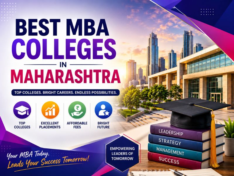 Alt Text:  "Modern promotional banner showcasing the best MBA colleges in Maharashtra with a realistic university campus background, graduation cap, educational books, business-themed design elements, and icons representing placements, affordable fees, and career opportunities.