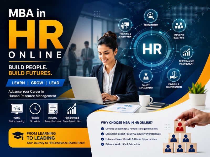 "Professional MBA in HR Online promotional banner featuring a human resources manager working on a laptop in a modern corporate office.