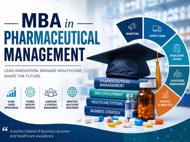 MBA in Pharmaceutical Management banner featuring graduation cap, pharma books, medicine bottles, healthcare icons, and career opportunities.