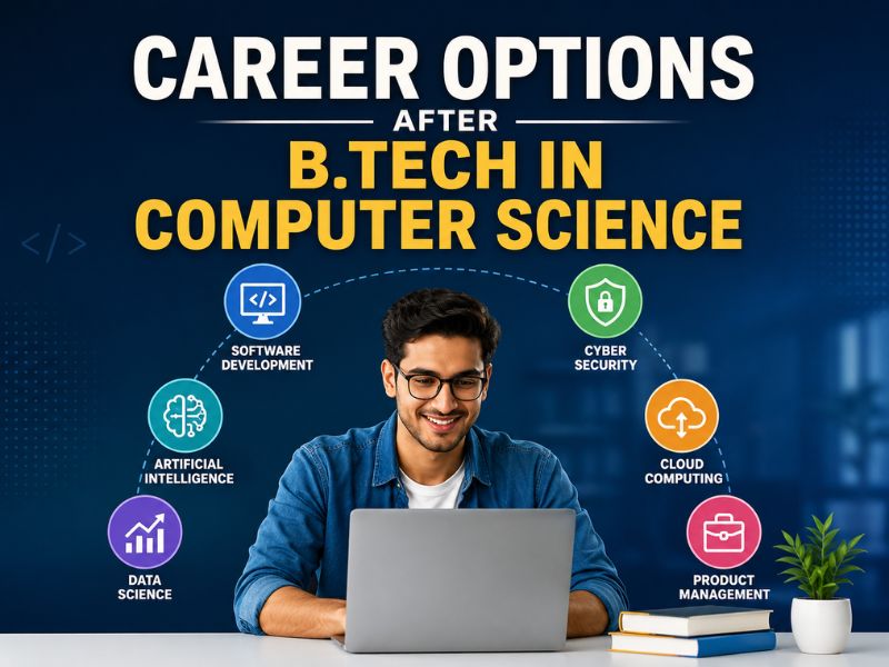 Career options after B.Tech in Computer Science including software development, AI, data science, cybersecurity, and IT careers