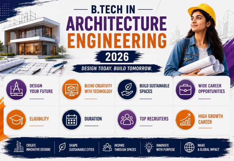 B.Tech in Architecture Engineering student with modern buildings, architectural design plans, and construction technology concepts