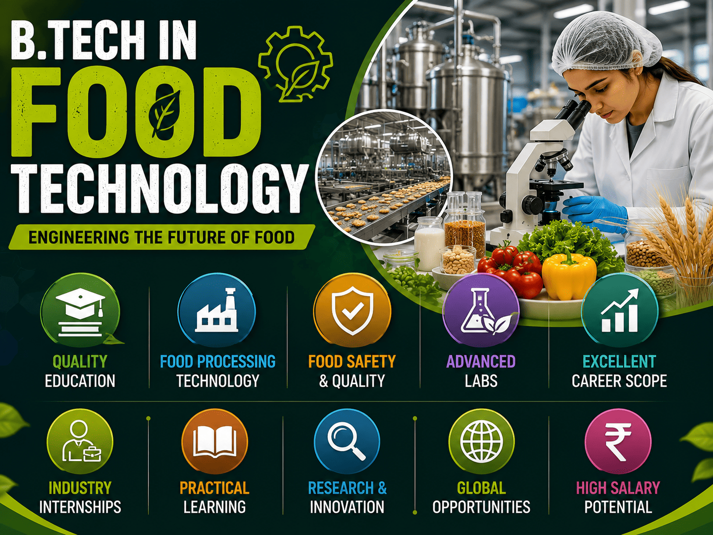B.Tech in Food Technology student working with food processing equipment, laboratory testing, and food manufacturing technology