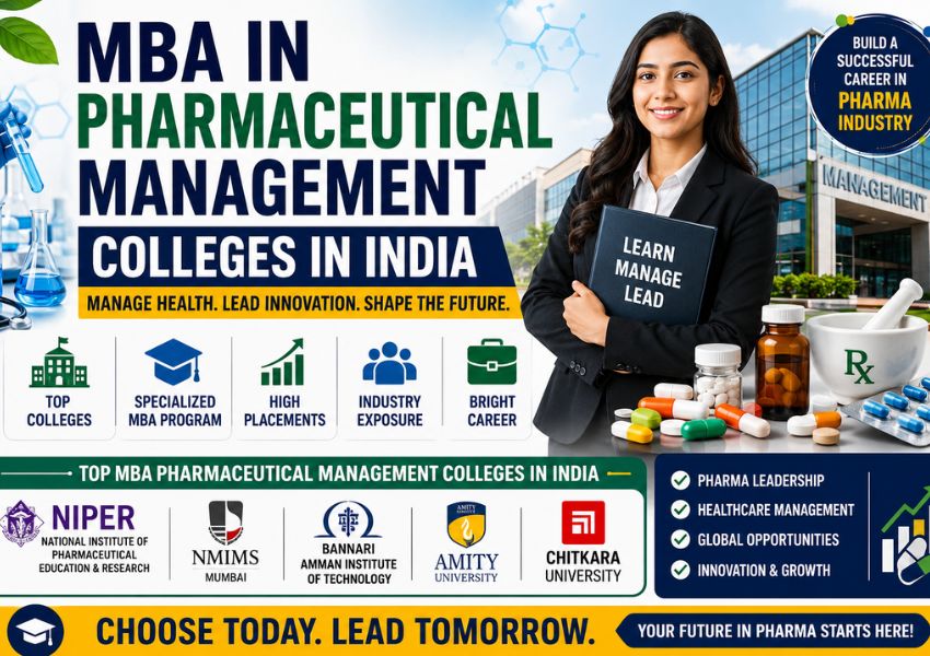 MBA in Pharmaceutical Management colleges in India with pharmaceutical research, healthcare management, laboratory, and business leadership concepts