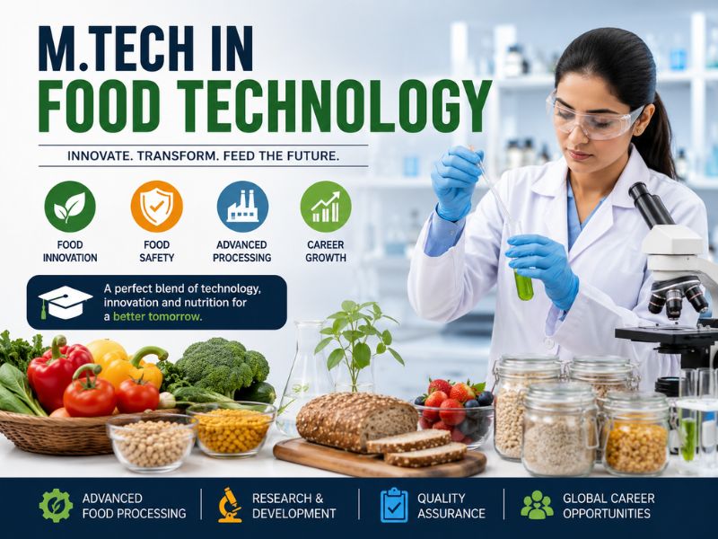 M.Tech in Food Technology student working in a food processing laboratory with advanced food engineering and quality testing equipment