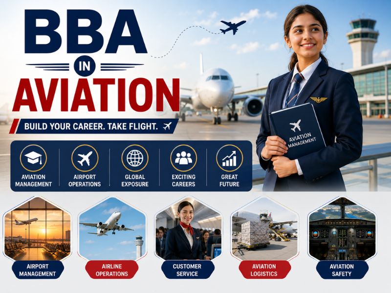 BBA in Aviation student with airport terminal, commercial aircraft, airline management, and aviation business concepts