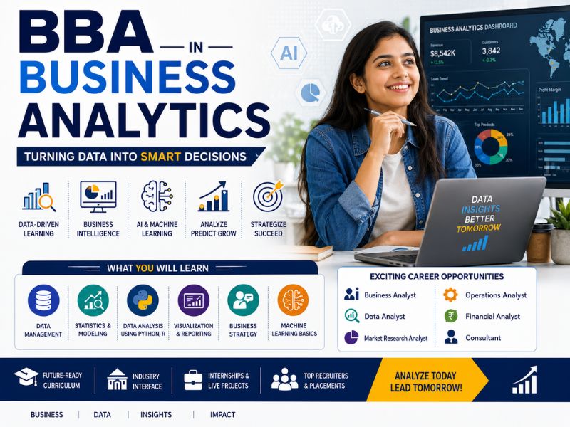 BBA in Business Analytics student with data dashboard, AI analytics, business intelligence charts, and digital business management concepts