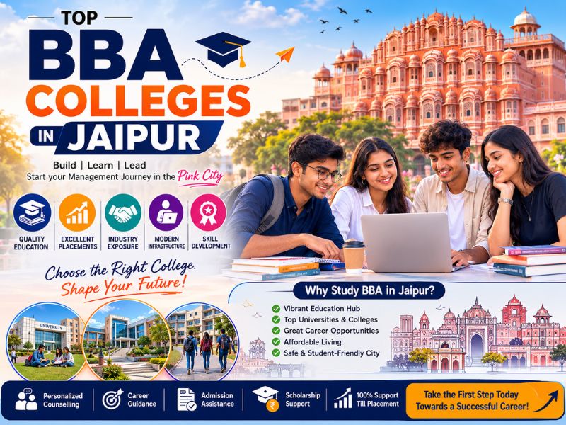 Top BBA colleges in Jaipur with modern university campus, business students, classroom, and management education concept