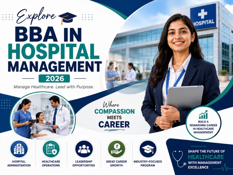 BBA in Hospital Management student with modern hospital, healthcare professionals, hospital administration, and management concepts